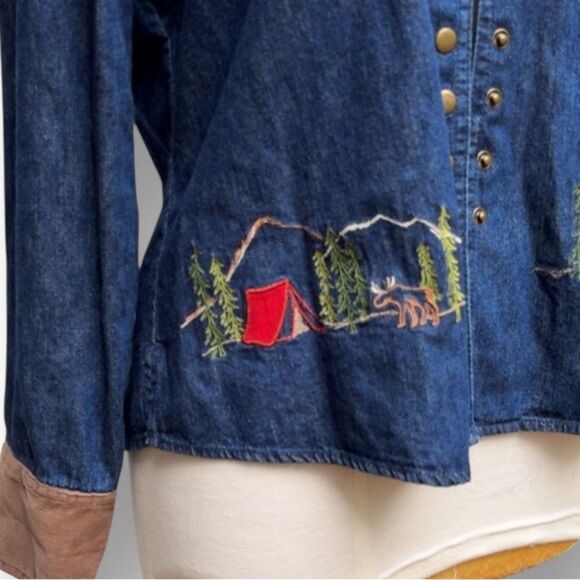 Denim Jacket Camping Embroidered Camp Scene Corduroy Collar Cuffs Blue Medium - Picture 5 of 9